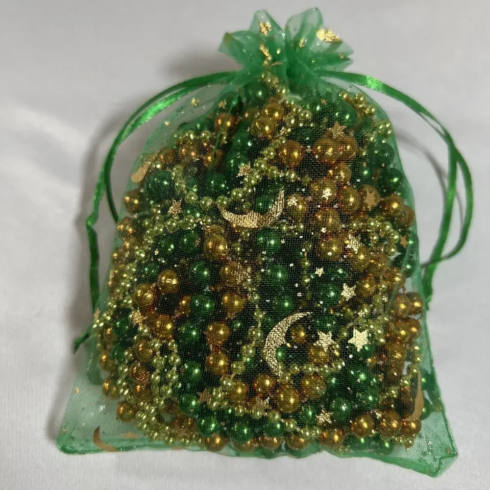 Vintage Faux Plastic Beaded Garland Green Gold Orange Holiday Strand Almost 9 ft